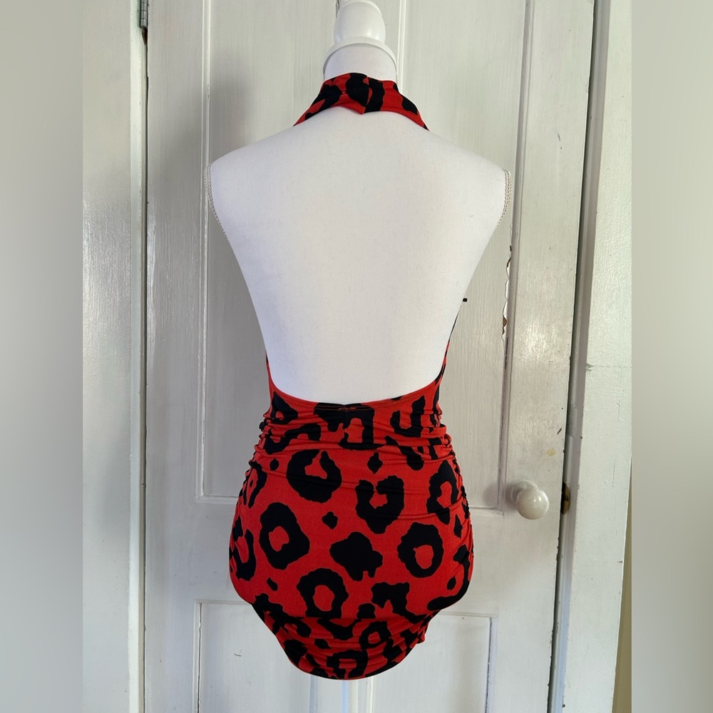 Symphony Red&Black Leopard Print Drape Front Halter Dress size Small - Picture 2 of 6